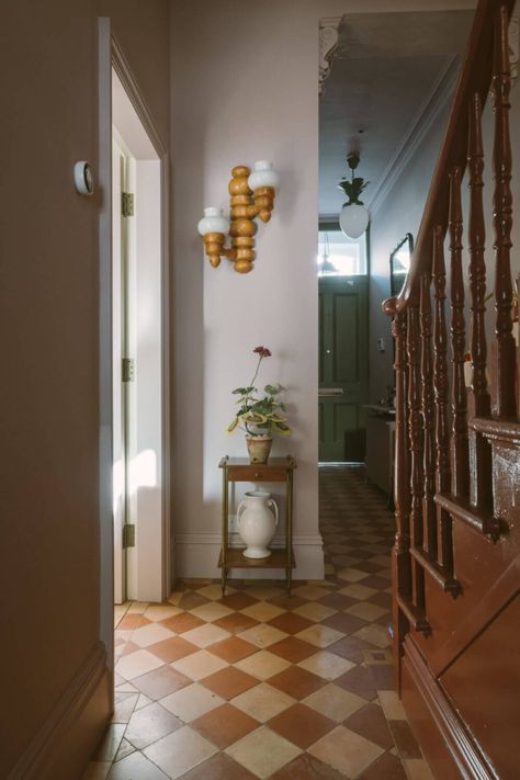 Blue Sitting Room, Victorian House London, Victorian Sitting Room, Checkered Tile, Stone Terrace, Floor To Ceiling Bookshelves, Light Blue Kitchens, Slanted Walls, Victorian Terraced House