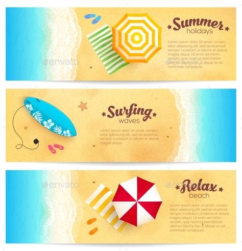 Set Of Summer Travel Banners With Beach Umbrellas Board Illustration, Surfing Board, Summer Banner, Beer Packaging, Summer Theme, Doodle Illustration, Vector Portrait, Beach Umbrella, Surfing Waves