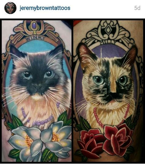 Cat Portraits Done by Jeremy Brown @ Armored Ink VIP Tattoo Studio In Lake Elsinore CA. #cats #pets #tattoo #Portraits #animals Cat Portrait Tattoos, Framed Tattoo, Petit Tattoo, Black Cat Tattoos, Inspiration Tattoos, Cat Tattoo Designs, Geniale Tattoos, Fox Tattoo, Lake Elsinore