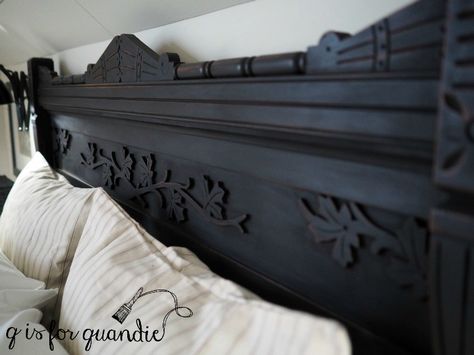 Painted Eastlake Bed, Painted Antique Headboard, Antique Headboard Makeover, Black Chalk Paint Bed, Antique Bed Makeover, Black Wood Headboard Bedroom, Black Antique Bedroom, Antique Wooden Headboard, Chalk Paint Headboard Ideas