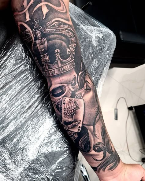 Unique Arm Sleeve Tattoos Men, Poker Tattoos For Men, Forearm And Hand Tattoo For Men, Black And Grey Realism Tattoo Sleeve, Up The Arm Tattoo, Small Mens Tattoo Ideas, Quarter Sleeve Tattoo For Men, Gambling Tattoo Ideas, Forearm Word Tattoo