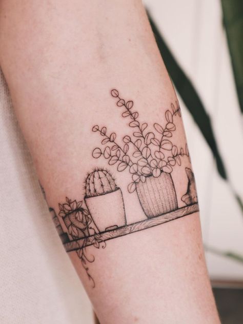 Linework Plant Tattoo, Plant Shelf Tattoo, Keep Growing Tattoo, Hanging Plant Tattoo, Plant Tattoos For Women, Plant Lover Tattoo, Plant Tattoo Sleeve, Shelf Tattoo, House Plant Tattoo