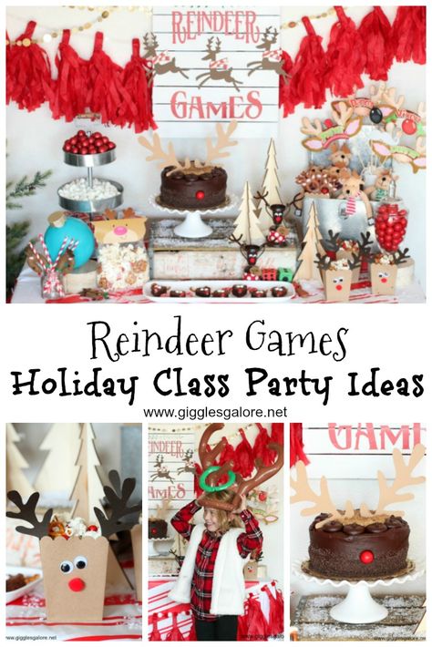 Reindeer games holiday class party ideas! #holidaygames #classparty #christmasparty #holidayparties #partygames Toddler Holiday Party Activities, Class Holiday Party Ideas Kindergarten, Reindeer Games Party Theme, Room Mom Christmas Party Ideas, Reindeer Party Theme, Reindeer Games Christmas Party Kids, Classroom Christmas Party Ideas 1st Grade, Kindergarten Classroom Christmas Party, Reindeer Class Party