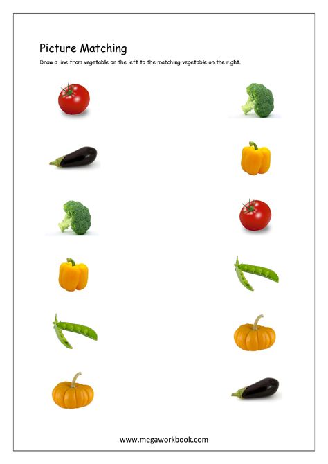 Picture Matching Worksheets For Preschool - Free Logical Thinking Printables For Kids - MegaWorkbook Matching Pictures For Kids, Matching Pairs Worksheet, Match The Same Picture Worksheet, Vegetable Worksheets Preschool, Vegetables Worksheets For Kids, Matching Worksheets For Preschool, Picture Matching Worksheet, Subtraction Preschool, Color Worksheets For Preschool