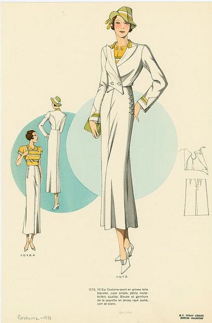 1930s Fashion Plate from NYPL by baronessvonvintage LOVE!!!! 1930s Fashion Plates, Vintage Fashion 1930s, 1930 Fashion, Patron Vintage, Fashion Illustration Vintage, 30s Fashion, Vintage Dress Patterns, Green Suit, 1930s Fashion