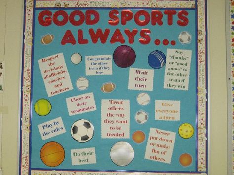 pictures of sports themed classrooms | Submitted by Lindsay Kidder who teaches at Sauquoit Elementary ... Sports Bulletin Boards, Physical Education Bulletin Boards, Pe Bulletin Boards, School Sports Theme, Sports Classroom, Sports Theme Classroom, Elementary Physical Education, Elementary Pe, Physical Education Lessons