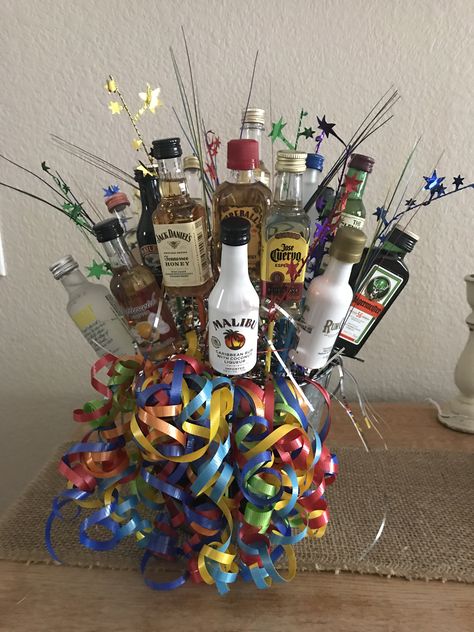 Booze Bucket Ideas, Alcohol Gift Basket Christmas, Booze Bouquet Mini Liquor Bottles, Booze Basket Ideas Fun, Liquor Tower, Mini Alcohol Bouquet, Dollar Gifts, Huddle Board, Booze Bouquet