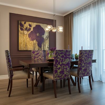 BEAUTIFUL CONTEMPORARY dining ROOM WITH BAY WINDOWS featuring BEAUTIFUL table AND CHAIRS - Purple Basil WEDDINGS BY KMICH Purple And Gold Dining Room Decor, Gold Dining Room Decor, Purple Dining, Dining Room Idea, Purple Dining Room, Purple And Green Flowers, Purple Basil, Glidden Paint, Gold Dining Room