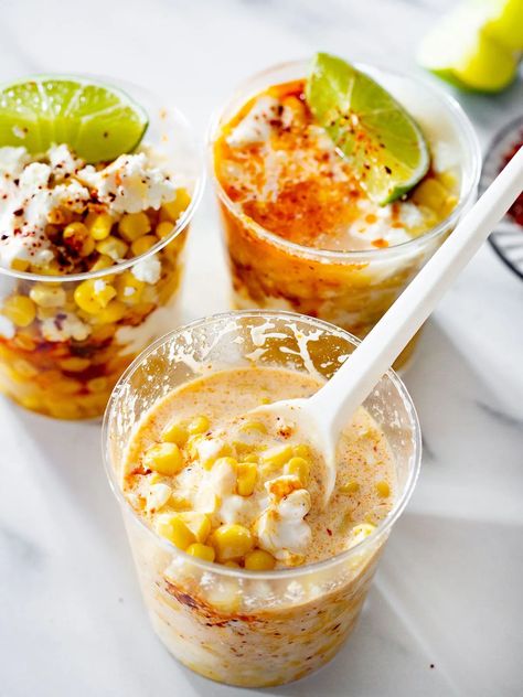 Elote En Vaso (Mexican corn in a cup) Elote Cup Recipe, Elote Cups For Party, How To Make Elote In A Cup, Elotes In A Cup, Mexican Street Corn In A Cup, Elote Recipe In A Cup, Elote Cups, Mexican Elote In A Cup, Elote In A Cup Recipe