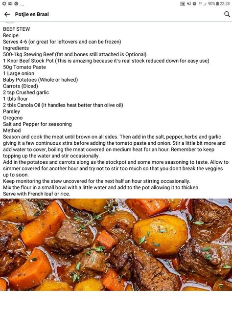 Kook Kos Resepte, Potjiekos Recipes South Africa, Vleis Geregte, Delicious Crockpot Recipes, Bunny Chow, Baking Easy, Wholesome Meals, Homemade Cookbook, Homemade Bread Easy