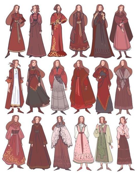 Medieval Clothing Illustration, Fantasy Clothing Medieval, Viking Outfit Reference, Medieval Character Designs, Cute Medieval Dress, Fantasy Outfits Art Reference, Clothing Fantasy Design, Medieval Outfit Reference, Art Reference Clothing