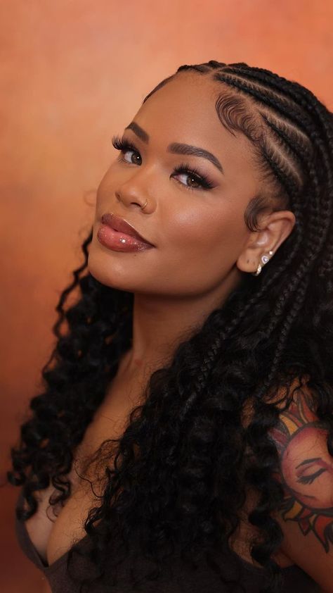 Half Cornrows Half Curls Hairstyles Are A Celeb-Favorite For A Reason Dominican Braids, Mexico Braids, Half Braided Hairstyles, Half Cornrows, Braid Half Up Half Down, Half Braid, Braided Half Up, Braided Cornrow Hairstyles, Protective Hairstyles Braids