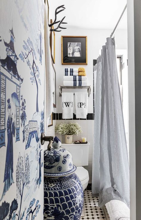 Chinoiserie Bathroom, Blue And White Decor, Custom Headboard, Blue And White Chinoiserie, Striped Shower Curtains, Relaxing Bedroom, Multipurpose Room, Chinoiserie Chic, Tiny Spaces