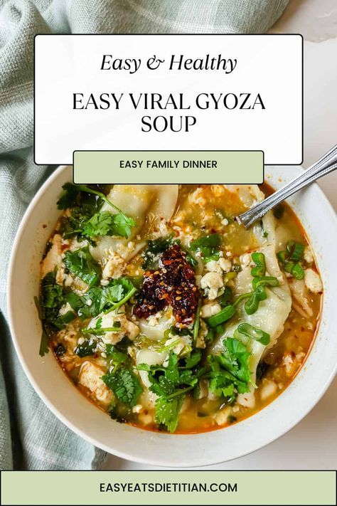 This is my high protein take on the viral gyoza or dumpling soup! It's easy, delicious and perfect for the cozy colder months! #easydinner #easysoup #viralsoup #dumplingsoup #cozydinner #falldinnerideas #fallrecipes #winterrecipes #cozyrecipe #viralrecipe Frozen Gyoza Soup, Trader Joes Gyoza Soup, Frozen Potsticker Soup, Soup Dumpling Soup, Miso Dumpling Soup, Frozen Dumpling Soup, Dumpling Soup Asian, Gyoza Bowl, Easy Dumpling Soup