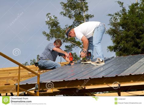 Construction Workers On Roof. Two construction workers attach sheet metal to woo #Sponsored , #Roof, #construction, #metal, #Construction, #Workers Metal Roof Over Shingles, Metal Roof Panels, Bbq Shed, Metal Roof Installation, Roof Sealant, Roof Sheathing, Corrugated Metal Roof, Roof Edge, Roof Flashing