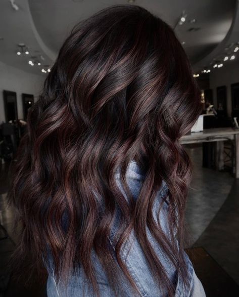 Sophisticated Cherry Chocolate Waves Dark Winter Hair Color Ideas, Dark Chocolate Balayage, Claire Hair, Pelo Chocolate, Dark Chocolate Hair, Dark Chocolate Brown Hair, Hair Change, Highlights Ideas, Hair Pics