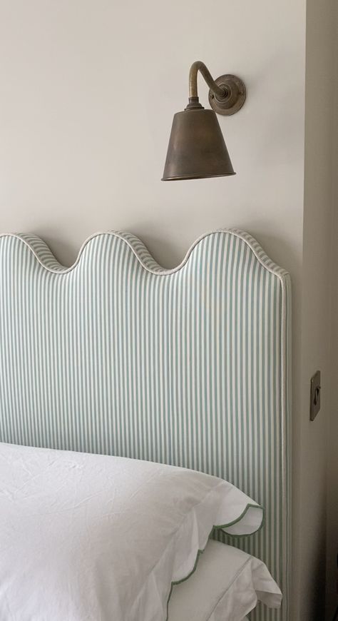 SHOP — BY LYDIA Scalloped Headboard Bedroom, Avant Basic Bedroom, Ticking Headboard, Modern Cottage Bedroom Ideas, Bedheads Upholstered, Scallop Headboard, Curvy Headboard, Cute Headboard, Wavy Headboard