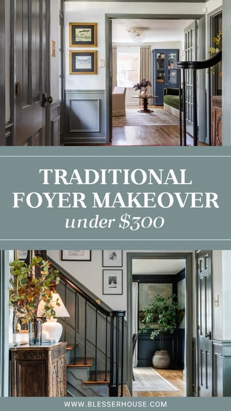 A Cheap & Cozy Entryway Décor Makeover Under $300. Looking for an affordable way to update your foyer? We recently did an entryway makeover for less than $300, and I’m sharing all the details! From entryway table styling to a stairway gallery wall, I’ll show you how we refreshed our hallway with budget-friendly ideas. Click through to see our cheap foyer décor and entryway makeover. Entryway ideas, foyer décor, cheap home décor entryway Historic Home Foyer, Colonial Entryway Foyers, Colonial House Entryway, Front Entryway Ideas With Stairs, Entryway Columns, Colonial Entryway, Bohemia House, Entryway Table Styling, Traditional Transition