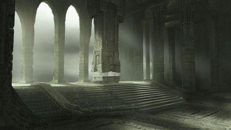 Temple Interior from Shadow of the Colossus (2018) Shadow Of The Colossus Architecture, Ancient Temple Art, Temple Interior Concept Art, Fantasy Temple Interior, Temple Concept Art, Temple Interior, Shadow Of, Interior Concept Art, Art Shadow