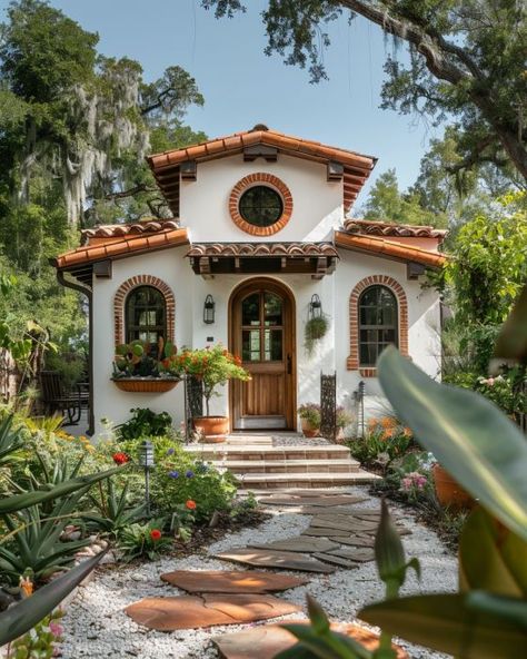 Tiny Spanish Style Homes, Mexican Style Tiny Home, Tiny Spanish House, Simple Mediterranean House, Small Hacienda Style Homes, Mexican Style Home Decor, Small Breakfast Bar, Mexican Style Home, Andalusian Architecture