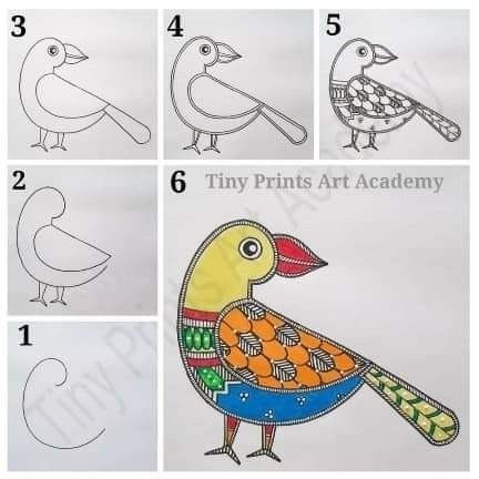 How To Draw Madhubani Painting, Birds In Madhubani Painting, Madhubani Painting Bird, How To Draw Folk Art Step By Step, Madhubani Art Bird, Madhubani Art Simple, Pattachitra Art Easy, Madhubani Paintings Peacock Easy, Simple Madhubani Art