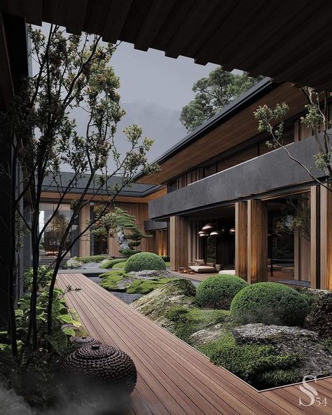 Japanese Inspired Exterior House, Court Yard, Casa Country, Architecture Ideas, Design Room, Luxury Homes Dream Houses, House Architecture Design, Dream House Exterior, Villa Design