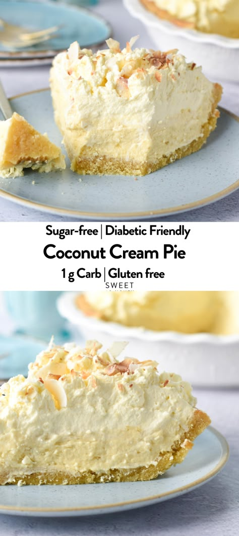 This Keto Coconut Cream Pie is an easy keto dessert recipe if you love coconut! A buttery flaky crust filled with coconut custard and topped with whipped cream and toasted coconut for a comforting dessert any time of the year. Ketovore Desserts, Carnivore Sweets, Sugar Free Coconut Cream Pie, Keto Coconut Cream Pie, Keto Pies, Sweet Pie Crust, Lupin Flour, Keto Pie, Thm Sweets