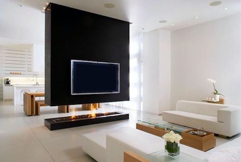 Suspended Wall Room Divider also Features Fireplace and TV Wall Units With Fireplace, Tv Kastenwanden, Design Camino, Fireplace Room, Glass Room Divider, Cracked Wallpaper, Bamboo Room Divider, Sliding Room Dividers, Modern Tv Wall Units