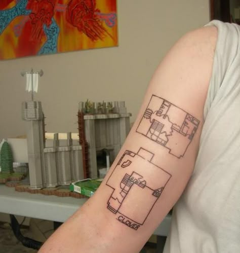 Architecture Sketch Tattoo, Tattoos Of Houses, Apartment Tattoo, House Tattoo Simple, Minimalistic House Tattoo, Architecure Tattoos, Seinfeld Tattoo, Plan Tattoo, Tattoo House