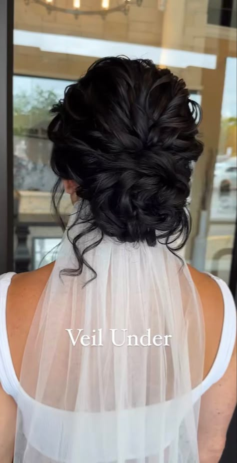 Wedding Hair Middle Part Updo, Bridal Updos For Brunettes, Bridal Hairstyles Low Updo, Bridal Partial Updo, Wedding Updo Low Bun With Veil, Wedding Low Bun With Hairpiece, Messy Low Bun Hairstyles Wedding, Low Messy Bun Wedding Hair Veil, Wedding Updo With Veil Underneath