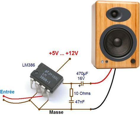 Un ampli de 1 Watt ultra simple peut se réaliser à partir d'un LM386 alimenté par une pile de 9 V ou un adaptateur. Il ne faut que 3 composants autour du Simple Electronic Circuits, Diy Bluetooth Speaker, Electronics Projects For Beginners, Basic Electronic Circuits, Simple Electronics, Mini Amplifier, Diy Amplifier, Electronics Hacks, Electronic Circuit Design