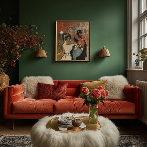 Red Couch Green Walls, Mid Century Chic Living Room, Red Sofa Green Wall, Living Room Velvet Sofa, Red Sofa Interior, Rust Colored Sofa, Rust Velvet Couch, Rust Sofa Living Room Color Schemes, Coloured Sofa Living Room