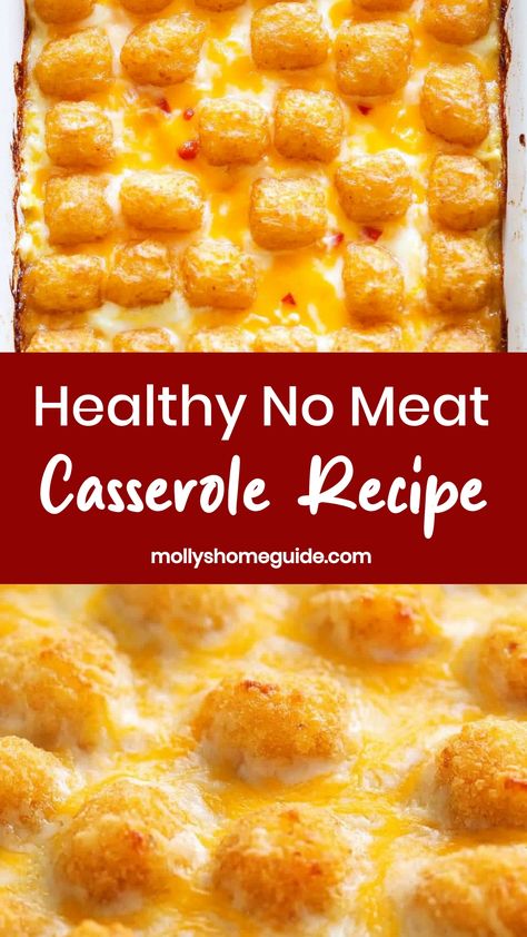 Looking for delicious plant-based recipes? Try this flavorful and satisfying no-meat casserole dish! Packed with wholesome ingredients and bursting with savory flavors, this casserole is perfect for vegetarians and meat-lovers alike. Easy to make and great for meal prep, it's a nutritious option for busy weeknights or weekend gatherings. Tater Tot Casserole No Meat, Meatless Tater Tot Casserole, Tatter Tots Casserole, Tater Tots Casserole, Tator Tot Recipe, Meat Casserole Recipes, Cheesy Tater Tot Casserole, Egg And Cheese Casserole, Cheesy Tater Tots