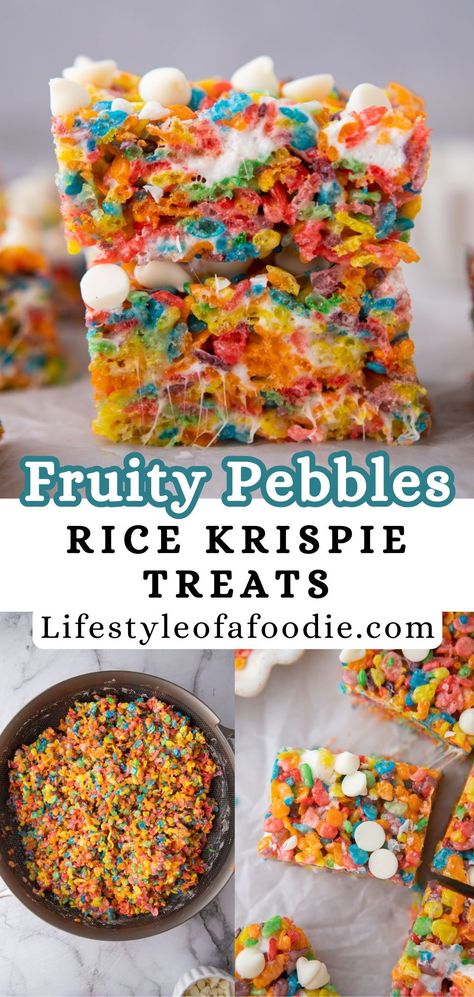 This Fruity Pebble Krispie Treats recipe is the ultimate throwback nostalgia dessert. It is made with the flinstones-inspired pebbles cereal that we all love, some butter, mini marshmallows, and even white chocolate chips to make them that much better. These cereal treats are soft and chewy, and the perfect rainbow treat to make this week! Fruity Pepples Desserts, Mini Marshmallow Recipes, Colourful Desserts, Mini Marshmallows Recipes, Fruity Pebbles Treats, Homemade Rice Krispies Treats, Mouthwatering Desserts, Fruity Pebble, Fruity Pebbles Cereal