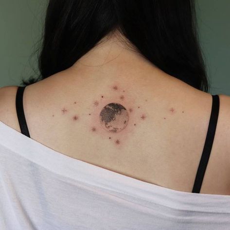 Simple Pluto tattoo by @comotattoo in Seoul, Korea | www.otziapp.com Pluto Tattoo Planets, Pluto Tattoo, Lil Tattoo, Upper Back Tattoos, Astronomy Stars, Planet Tattoos, Pinterest Style, Realistic Tattoo, Back Tattoo Women