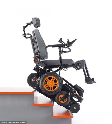 French engineers have invented a wheelchair (pictured) that's capable of scaling steps in minutes, thanks to fold-out caterpillar tracks tucked behind its standard wheels. Called the TopChair-S, the machine travels at speeds of up to 6mph (10 km/h) and can switch between a standard chair and 'tank-like' machine easily Wheelchairs Design, Electric Chair, Adaptive Equipment, Power Chair, Stair Climbing, Wheelchair Accessories, Wheel Chair, Powered Wheelchair, Electric Wheelchair