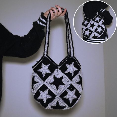 Goth Crochet | Emo Crochet | Alternative Crochet | Inspo | Inspiration | Granny Square Tote Bag | Crochet Tote | Crochet Bag | Crochet Handbag | Stars | Grey Aesthetic | Black Aesthetic | Black and grey bag | Cybercore | Cyberpunk | Alt | Core | Star Crochet Bag Granny Square, Cybercore Crochet, Alt Granny Squares, Emo Crochet Bag, Grey Things To Crochet, Crochet Core Aesthetic, Crochet Goth Bag, Crochet Bag Star, Goth Granny Squares