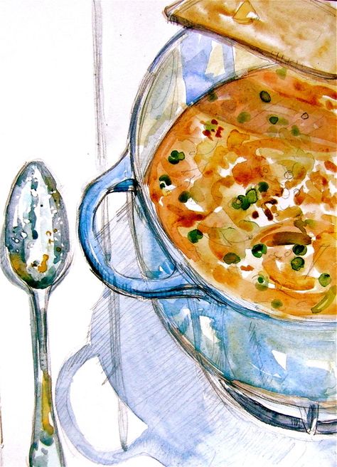 Curried turkey soup Laura Murphy Frankstone Louisiana Art, Chalkboard Drawings, Turkey Soup, Watercolor Food, Muse Art, Principles Of Design, Watercolor Art Lessons, Food Journal, Food Drawing