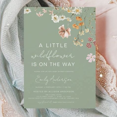 $2.65 | Sage Green A Little Wildflower Baby Shower | Baby Shower Invitations | elegant script calligraphy, wildflower baby shower, gender neutral, floral, boho chic, baby shower boy invite, baby shower girl invite, a little wildflower, baby in bloom, sage green Wildflower Is On The Way, Flower Baby Shower Theme, Garden Baby Shower Theme, Sage Green Baby Shower, Baby Shower Gender Neutral, Garden Baby Showers, Gender Neutral Baby Shower Invitations, Wildflower Baby Shower, Green Baby Shower