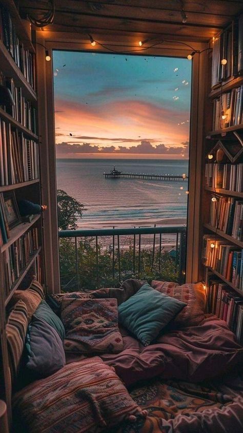 Hygge Bookshelf, Inside Summer House Ideas, Fall Balcony, Summer House Ideas, Classic Anime Style, Dark Living Room Ideas, Reading Place, Dream House Garden, Cosy Reading