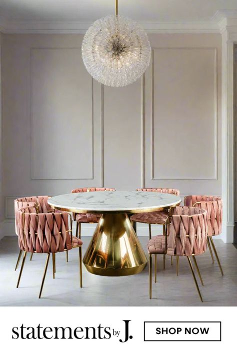 Elevate your contemporary dining space with the Gigi Marble Top Dining Table Set from Statements by J. This stunning round marble dining table exudes effortless refinement making it the perfect statement dining table for any modern dining space. Whether you’re styling a contemporary dining room or adding an upscale touch to a traditional dining space, this marble and gold dining table is a masterpiece that seamlessly blends functionality with artistry. Click the link to shop today! White Marble Top Dining Table, Contemporary Kitchen And Dining, Round Dining Table For 6, Gold Dining Table, Dining Table For 6, Statement Furniture Pieces, Round Marble Dining Table, Dining Table Gold, Dubai Home