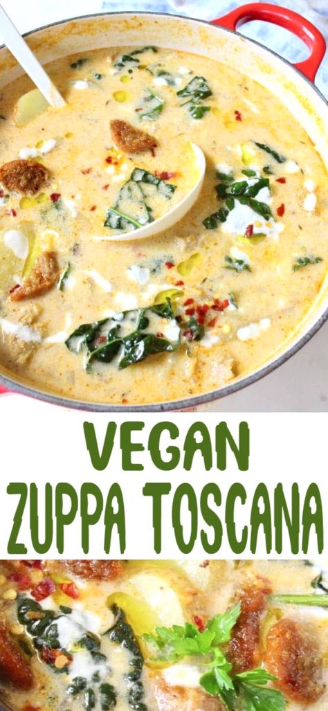 Easy vegan Zuppa Toscana recipe, lusciously creamy, naturally dairy free and gluten free, loaded with good for you Lacinato kale and comforting potatoes. One of the best homemade soups you’ll ever make with a WFPB fat free version option included. Vegan Zuppa Toscana, Veggie Society, Lacinato Kale, Homemade Soups, Toscana Soup, Diner Recept, Vegan Soup Recipes, Vegan Sausage, Makanan Diet