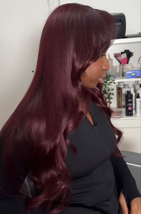 Redish Burgundy Hair Color, Burgendy Wigs For Black Women, Dark Cherry Hair Black Women, Hair Dye Ideas Dark Skin, Wine Red Hair Color For Black Women, Cherry Red Hair Black Women, Plum Hair Color On Black Women, Dark Burgundy Hair Black Women, Red Hair On Dark Skin Women