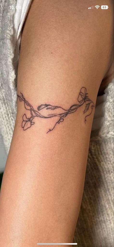 Sweet Pea Arm Tattoo, Sweet Pea Fine Line Tattoo, Sweet Pea Tattoo Design, Flower Wrap Tattoo, Sweet Pea Flower Tattoos, Pea Flower Tattoo, Vine Arm Tattoo, Sweet Pea Flower Tattoo, Sweet Pea Vine