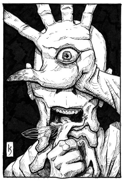 ink drawing of the pale man from pan's  labyrinth by kirk shannon The Pale Man, Pale Man, Labyrinth Tattoo, Pan's Labyrinth, Labyrinth Art, Horror Drawing, Gcse Art Sketchbook, Art Beat, Creepy Tattoos