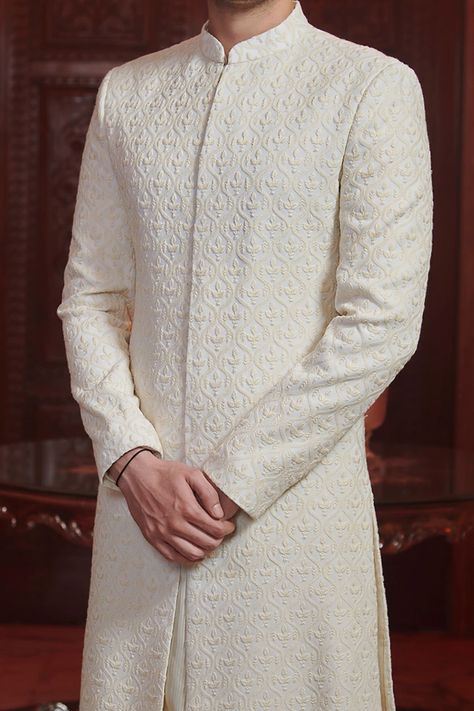 Buy White Georgette And Raw Silk Embroidery Chikankari Sherwani & Pant Set For Men by Sawan Gandhi Online at Aza Fashions. Sawan Gandhi, Raw Silk Embroidery, Cutdana Embroidery, Sherwani For Men Wedding, Wedding Kurta For Men, Blouse Yoke, Sherwani Groom, Mens Sherwani, Sherwani For Men