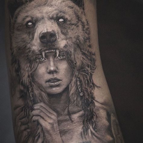 Woman Bear Headdress Tattoo, Bear And Woman Tattoo, Woman With Bear Headdress Tattoo, Bear Woman Tattoo, Bear Headdress Tattoo, Viking Bear Tattoo, Bear Head Tattoo, Bear Tattoos For Men, Wolf Girl Tattoos