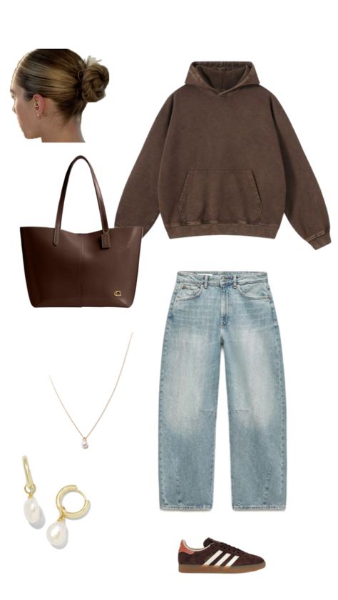 Fall and winter outfit inspo brown hoodie baggy pants gold jewelry brown gazelles coach brown bag and slick back bun Bun Outfit Winter, Slick Bun Outfit, Brown Hoodie Outfit, Outfit Inspo Brown, Bun Outfit, Slick Back Bun, College Fits, Brown Hoodie, Slick Back