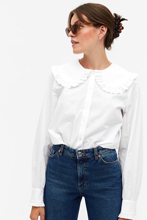 Big collar blouse - White - Shirts & Blouses - Monki PL Collar Blouse Outfit, Big Collar Blouse, Houndstooth Shirt, White Collared Blouse, Tops Dress, White Shirt Blouse, Big Collar, Striped Long Sleeve Shirt, Work Wear Women