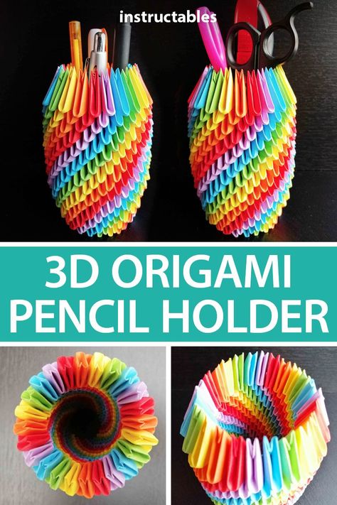 Make a rainbow 3D origami pencil holder out of small folded shapes that interlock together. #papercraft #decor #home #folding #desktop Origami Pencil Holder, Origami Pencil, 3d Origami Tutorial, Origami Home Decor, Paper Folding Crafts, Origami Fish, Origami Paper Art, Modular Origami, Diy Rainbow